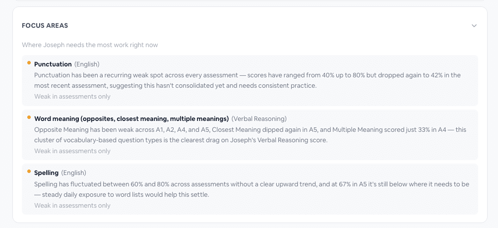 Parent dashboard focus areas showing generated feedback on punctuation, word meaning, and spelling, with assessment trends and evidence labels.