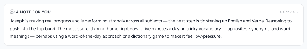 Parent dashboard note describing student progress and suggesting short vocabulary exercises at home.